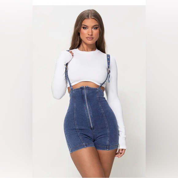 Denim Suspender Romper With Crop Top Set - Picture 1 of 4